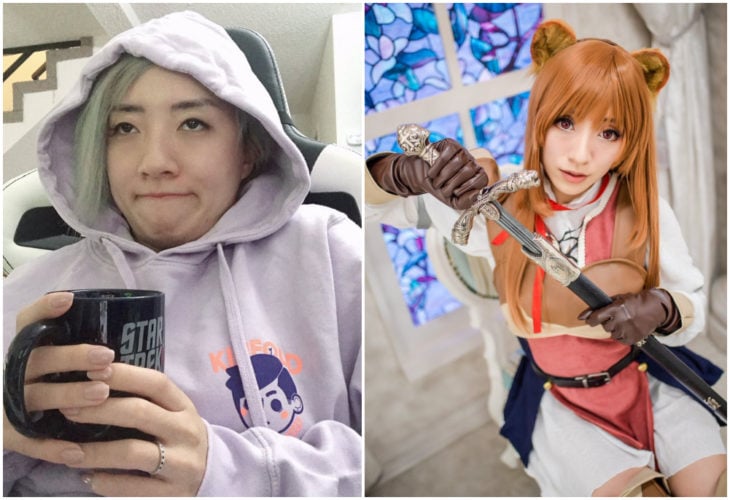 Chica tomándose selfies graciosas, antes y después de hacer cosplay