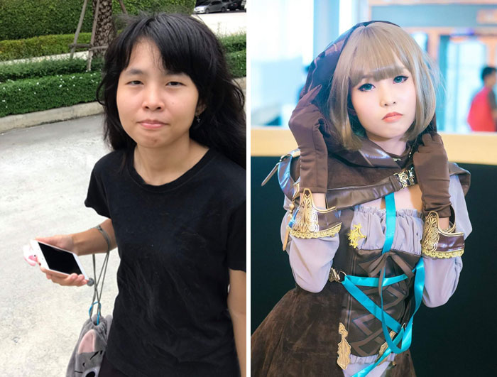 Chica despeinada, usando ropa floja, antes y después de hacer cosplay