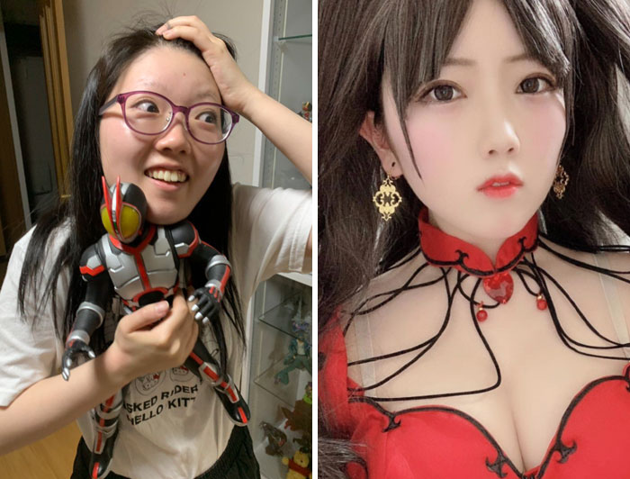 Chica sorprendida, sosteniendo un muñeco, tocando su cabello, antes y después de hacer cosplay