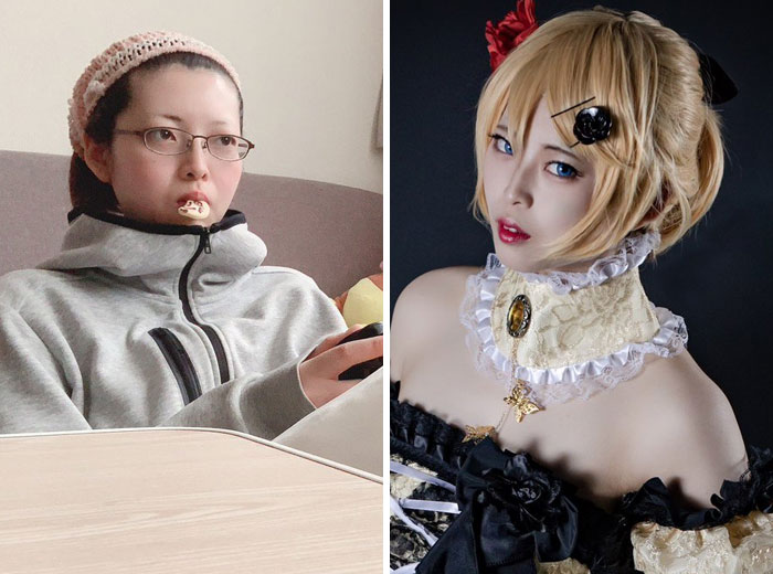 Chica recostada en su cama, comiendo papas, antes y después de hacer cosplay