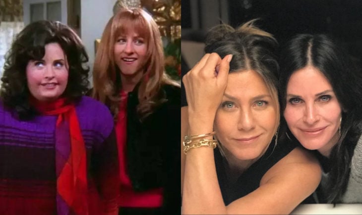 Jennifer Aniston y Courteney Cox; Rachel Green son su nariz de antes, y Monica Geller gorda en Friends