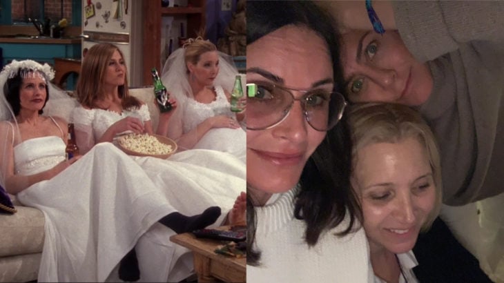 Lisa Kudrow, Courteney Cox y Jennifer Aniston como Phoebe Buffay, Monica Geller y Rachel Green vestidas de novia en Friends