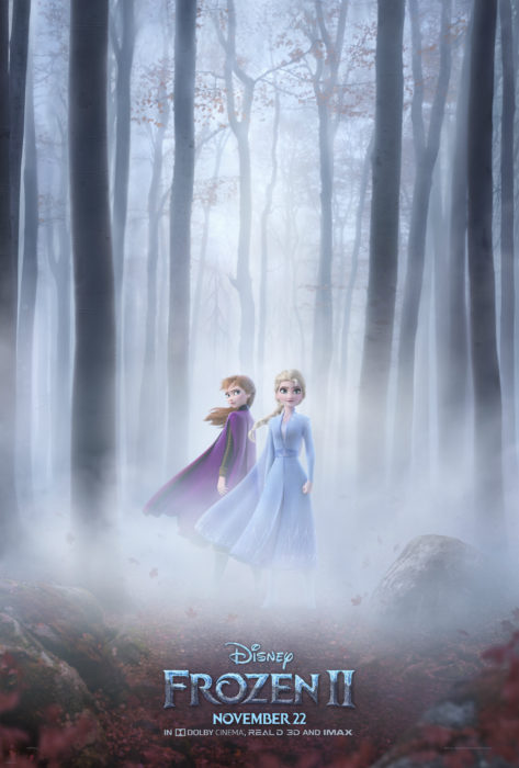 Poster oficial de Frozen, película animada de Disney, con Elsa y Anna en el bosque con neblina