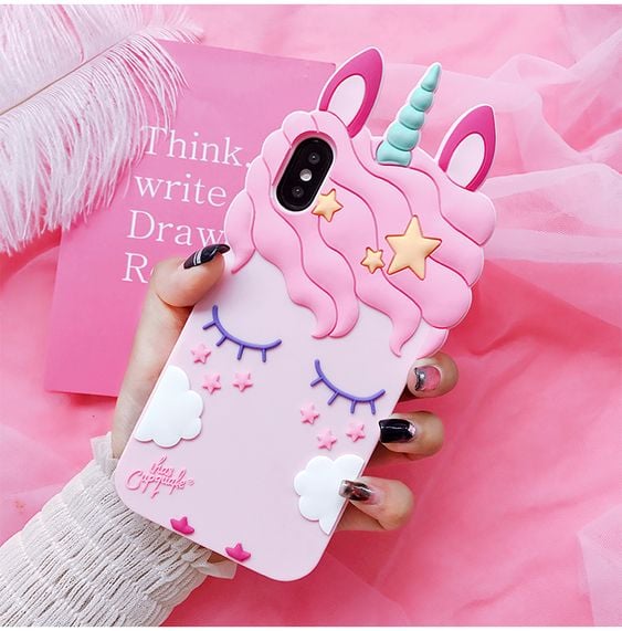 Funda para celular tamaño extra grande con diseño de unicornio en color rosa 