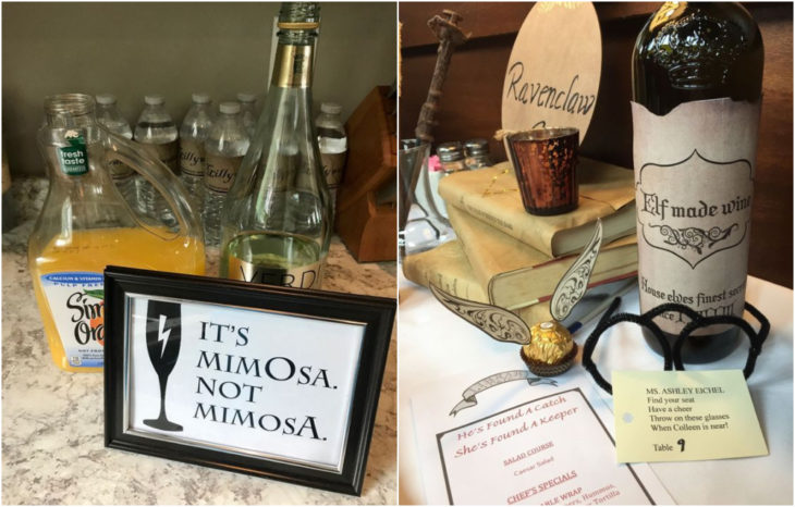 Botellas de vino sobre mesas de madera con mensajes de Harry Potter