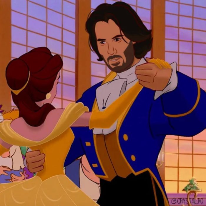 Animación de Bella junto a Keanu Reeves como el príncipe, escena película La Bella y la Bestia