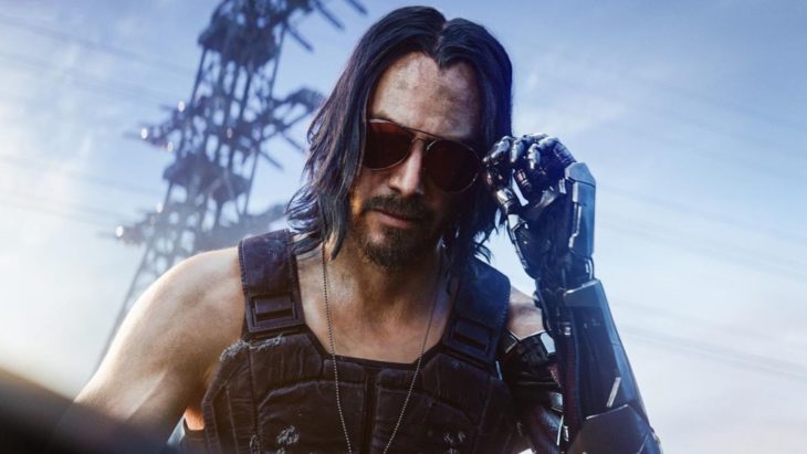 Imagen del juego Cyberpunk 2077 con Keanu Reeves tocando sus lentes