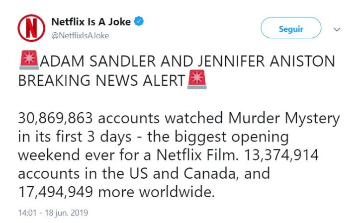 Twitt de la cuenta de comedia de Netflix en donde dice cuÃ¡ntas vistas tuvo la pelÃ­cula Murder Mystery