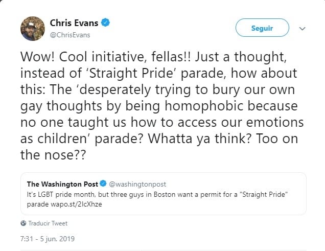 mensaje de Chris Evans sobre la marcha del orgullo hetero