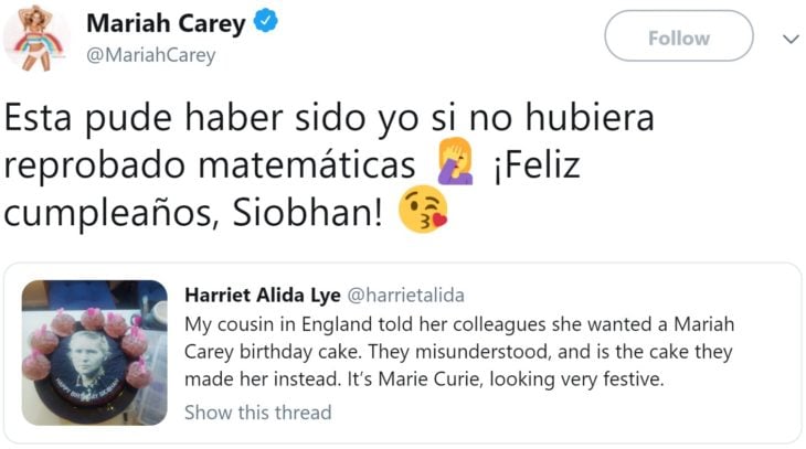 Para su cumpleaños, chica pide un pastel de Mariah Carey, pero sus amigos se confunden y le dan uno de Marie Curie