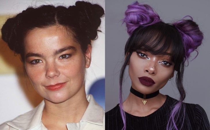 Peinados de los noventa que están de vuelta; Björk con dos chongos altos; chica con buns y cabello color morado