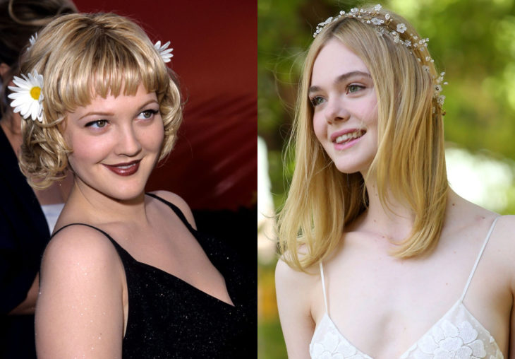 Peinados de los noventa que están de vuelta; actrices Drew Barrimore y Elle Fanning con flores en el cabello