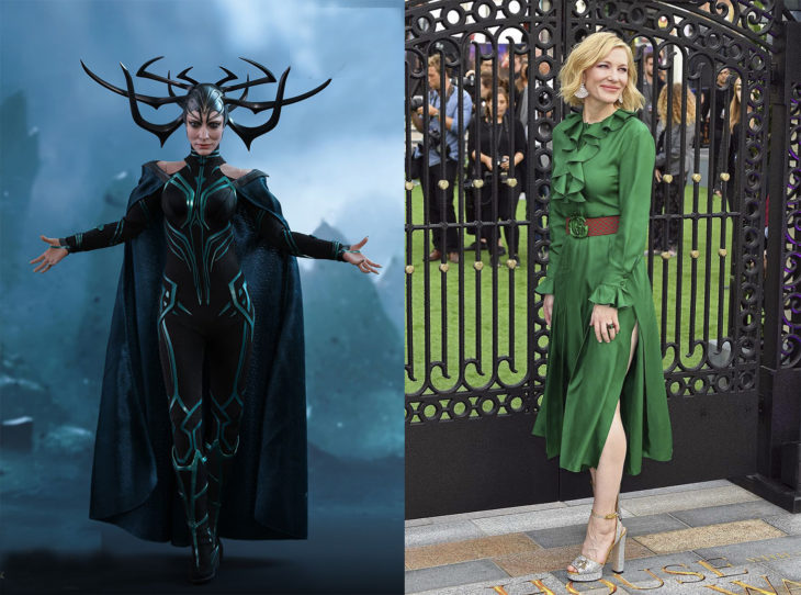 Cate blanchett caracterizada como Hela de la película Thor Ragnarok 