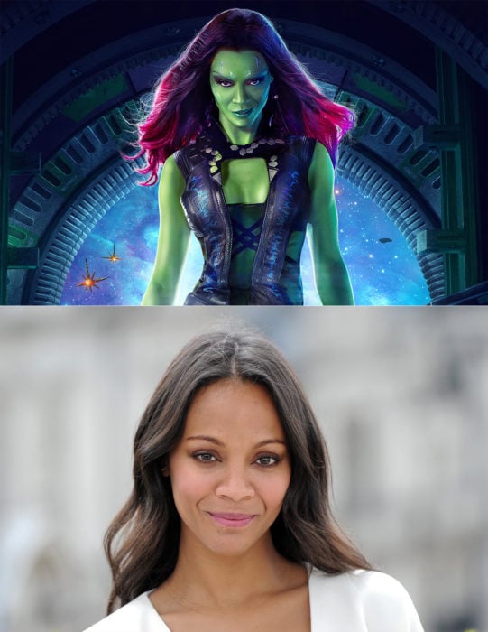 Zoe Saldaña caracterizada con su personaje de Gamora 