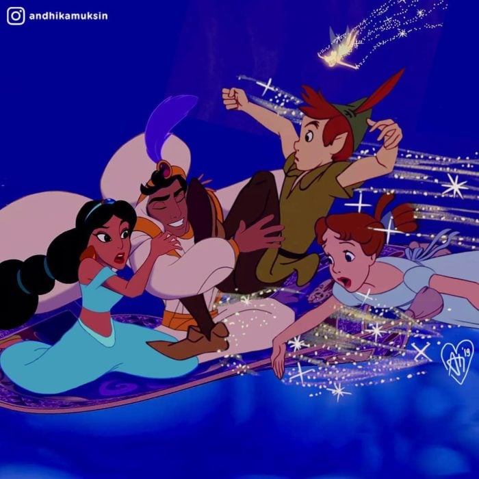 Artista Andhika Muksin recrea personajes Disney; Jasmín y Aladdín volando en la alfombra mágica, chocan con Peter Pan y Wendy que vuelan con el polvo de hadas