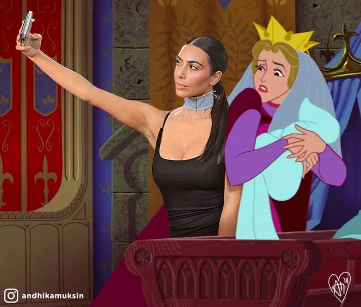 Artista Andhika Muksin recrea personajes Disney; Kim Kardashian tomándose una selfie con Aurora de bebé y su mamá