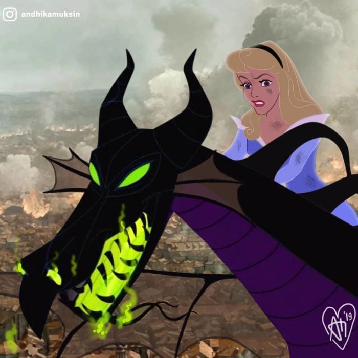 Artista Andhika Muksin recrea personajes Disney; Aurora, de La bella durmiente, con dragón, referencia a Daenerys Targaryen de Game of Thrones
