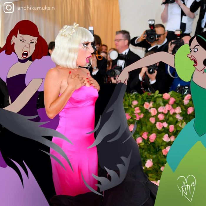 Artista Andhika Muksin recrea personajes Disney; hermanas de Cenicienta quitándole el vestido a Lady Gaga en la MET gala