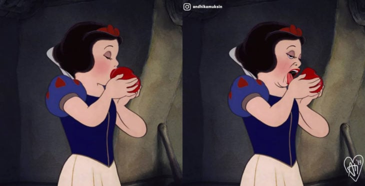 Artista Andhika Muksin recrea personajes Disney; princesa Blancanieves mordiendo la manzana; expectativa y realidad