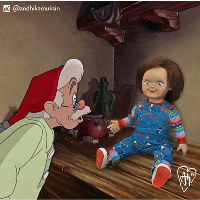 Artista Andhika Muksin recrea personajes Disney; Gepetto, de Pinocho, con Chucky