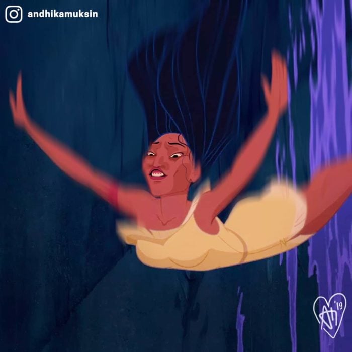 Artista Andhika Muksin recrea personajes Disney; Pocahontas saltando de la cascada
