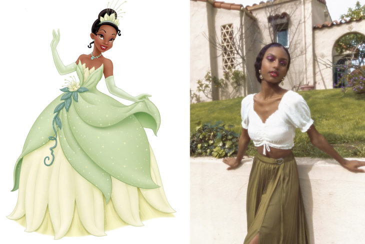 Comparación de una modelo con la princesa Tiana de La princesa y el Sapo 