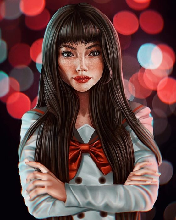 Ilustraciones digitales de Sailor Scouts hechas por Cherry Umbrella; Sailor Marte, Rei