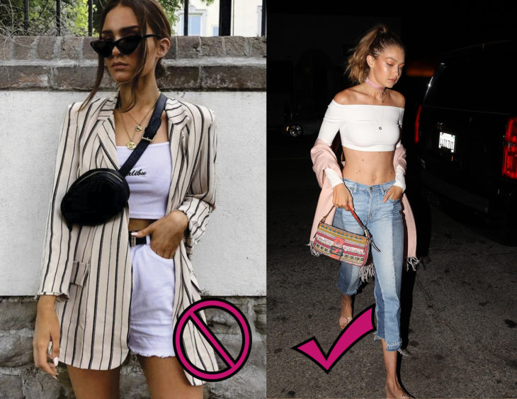 Chica de la imagen izquierda usando una riñonera vs Gigi Hadid caminando mientras lleva una bolsa baguette 