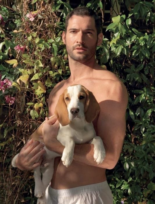 Actor de serie de Netflix, Lucifer, Tom Ellis; hombre cargando a un perro beagle de orejas largas