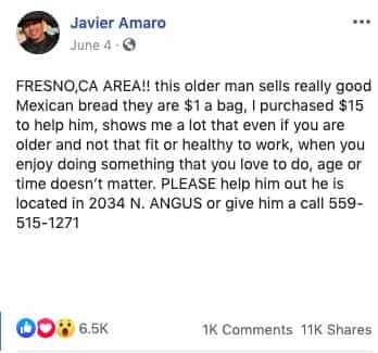 Comentario en Facebook de Javier Amaro publicitando el pan de un viejito en Estados Unidos 