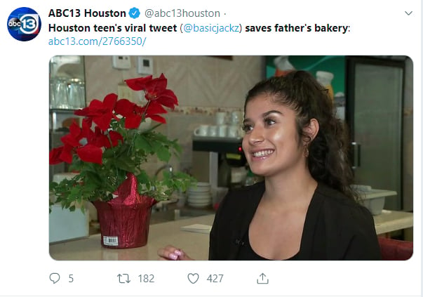 Comentario en twitter sobre una chica que ayudó a su padre a salvar su panadería por las redes sociales 