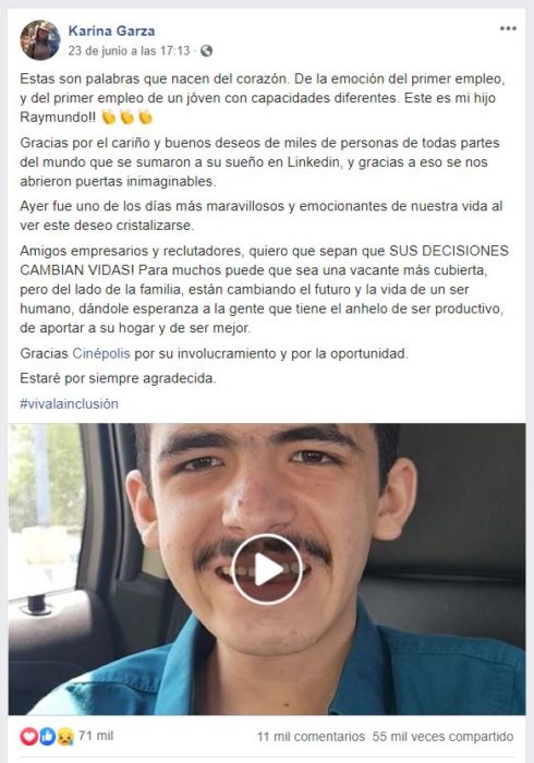 Post de Karina Garza madre del joven regiomontano con discapacidad que cuenta que obtuvo empleo