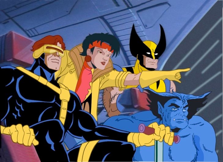 Escena de la serie X-Men, personajes reunidos volando en el ave negra 
