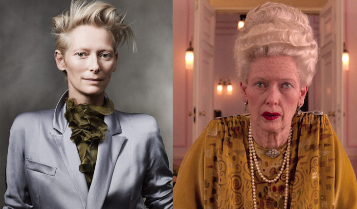 Tilda Swilton interpretando a una mujer adulta en la película el gran hotel budapest