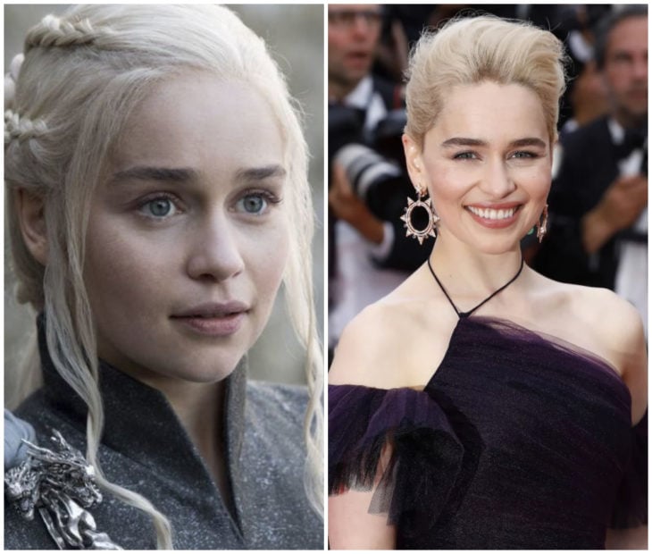 Emilia Clarke sonriendo durante una alfombra roja y en Game of Thrones como Daenerys 