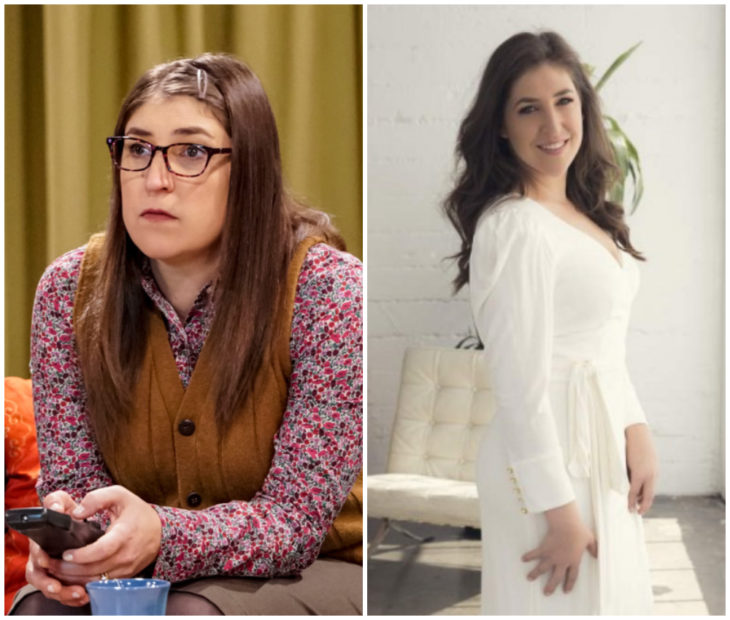Mayim Bialik en The Big Bang Theory y modelando un vestido blanco