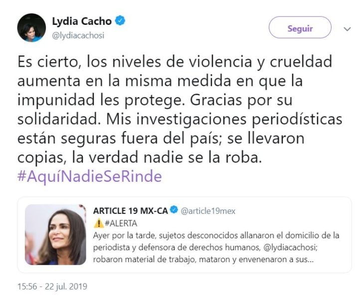 Tuit de Lydia Cacho sobre el robo en su casa
