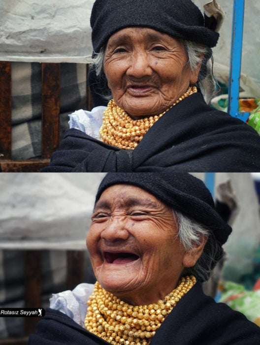 Retratos de Mehmet Genç, Rotasiz Seyyah, de mujeres de diferentes culturas antes y después de decirles que son hermosas; serias y sonriendo