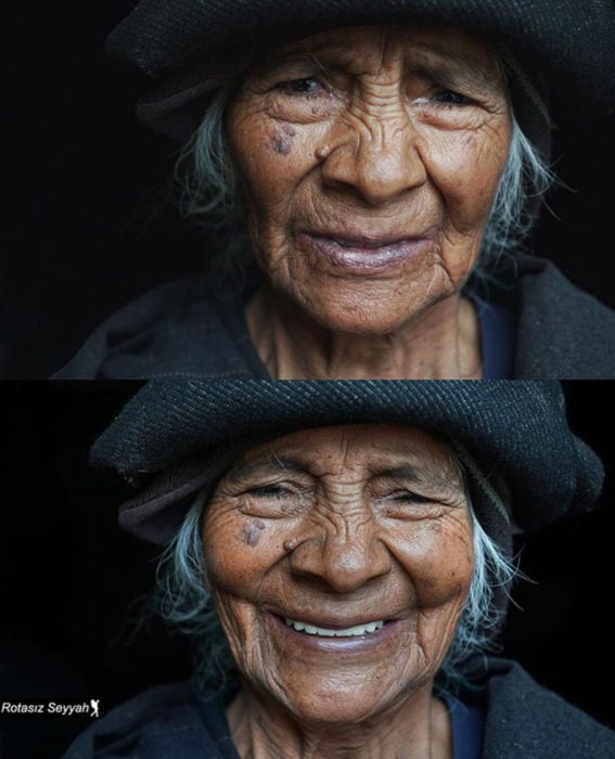 Retratos de Mehmet Genç, Rotasiz Seyyah, de mujeres de diferentes culturas antes y después de decirles que son hermosas; serias y sonriendo