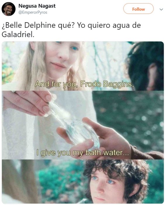 Cosplayer Belle Delphine vende el agua de su bañera y los compradores la están bebiendo; Galadriel y Frodo de El señor de los anillos