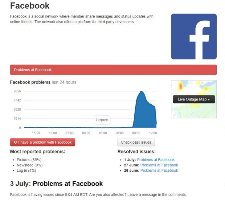 reporte de downdetector.com sobre Facebook