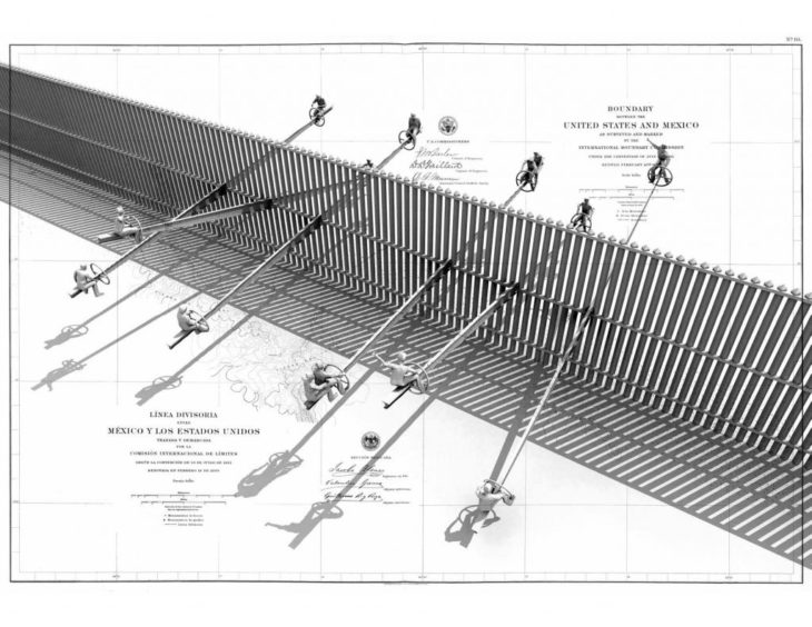 dibujo del diseño de los balancines colocados en la valla fronteriza entre México y Estados Unidos