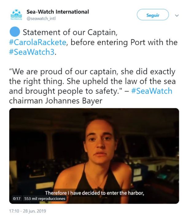 Tuit de Sea Watch en donde comparten el video en el cual Carola Rackete anuncia que atracará en Lampedusa