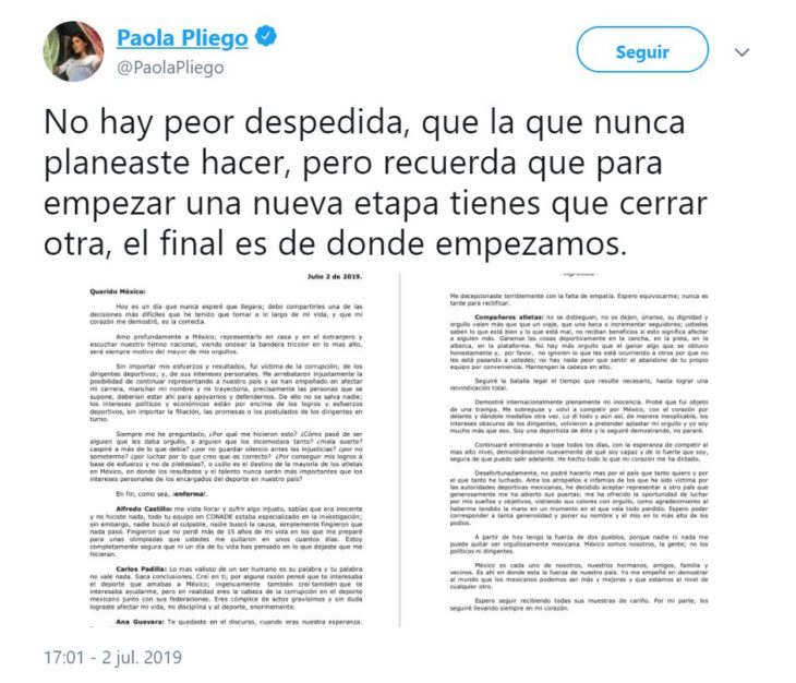 Tuit en el cual Paola Pliego anuncia que deja el deporte mexicano y hace señalamientos