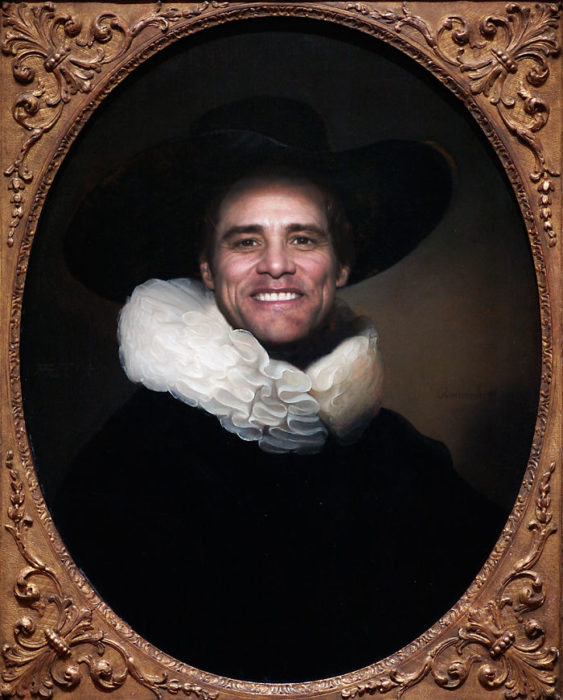 Jim Carrey pintado como el retrato de un hombre barbudo con un sombrero de ala ancha de Rembrandt 