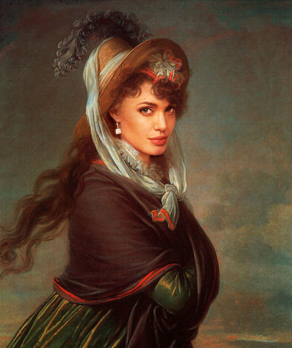 Angelina Jolie pintada como el retrato de una mujer joven de Élizabeth Vigée Le Brun. 