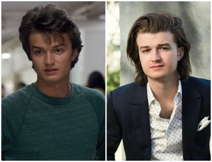 Joe Keery en el pasillo de una escuela y modelando traje sastre