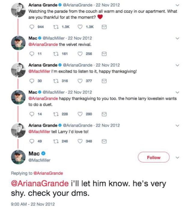 Conversación en twitter que mantuvieron Ariana Grande y Mac Miller al inicio de su relación 