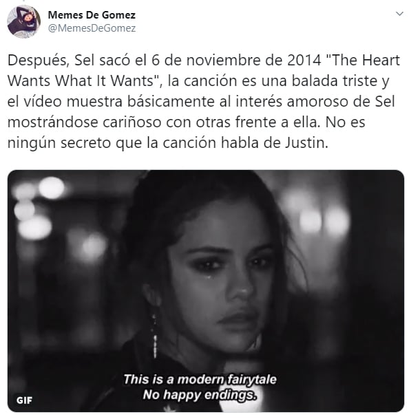 Comentario en Twitter sobre la canción The heart wants what it wants de Selena Gomez 
