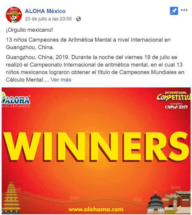 foto del post de Aloha México en donde reconoce a los campeones de su delegación en el concurso de Cálculo Mental en China